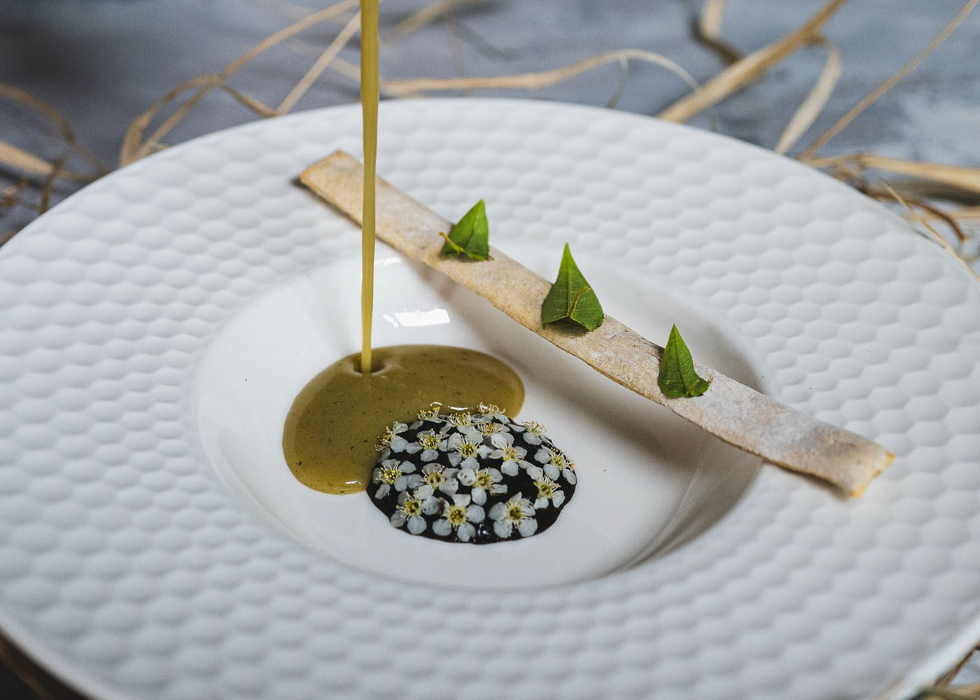 Plant-based plated dish with edible flowers.